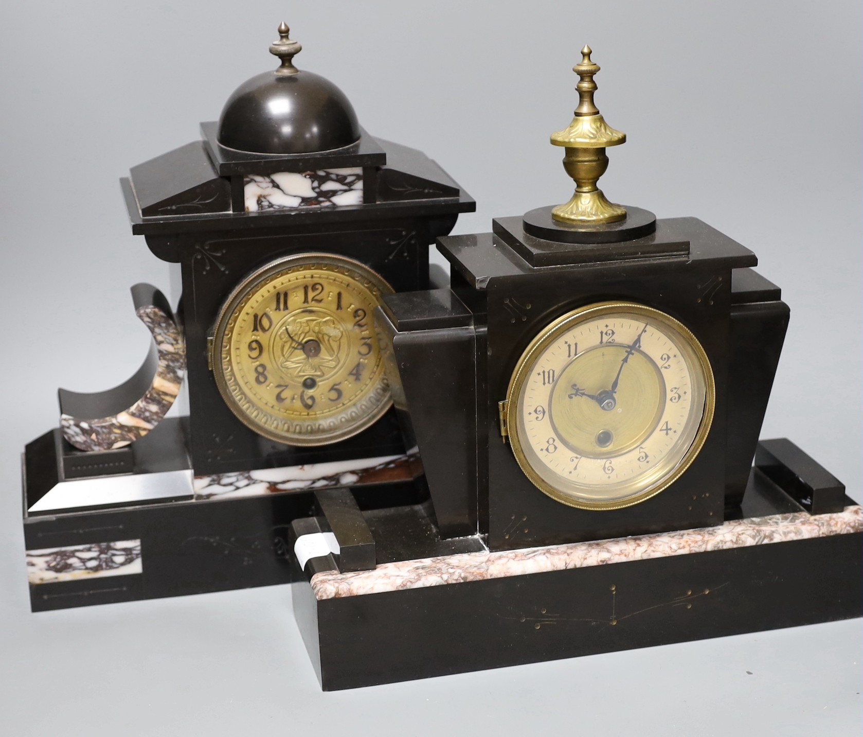 A ornamental Victorian and marble slate clock together with an Art Deco style mantle clock, tallest 35cm